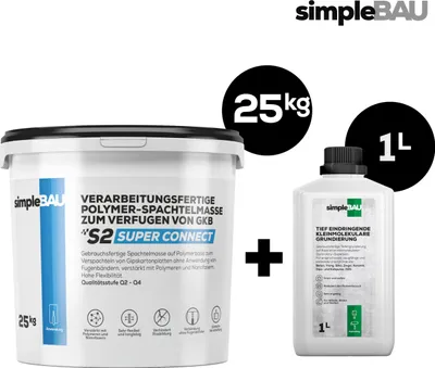 Produktbild von SimpleBau Spachtelmasse 25 kg und Tiefengrundierung 1L , Polymerbasierte Fertigspachtel für Gipskartonplatten und gebrauchsfertiger Tiefgrund