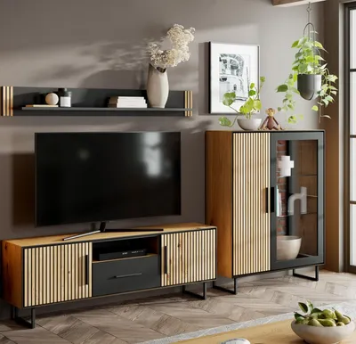 Produktbild von Wohnwand >Eddie< (3-teilig) in Eiche / schwarz - 287x173x40 (BxHxT)