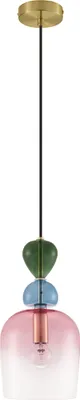 A pendant light with stacked colored glass shades.