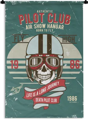 Produktbild von MuchoWow® Wandteppich Wandbehang Pilot - Totenkopf - Brille - Retro 60x90 cm Tapisserie Dekoration Wandtuch - Foto-Teppich - Abwaschbar