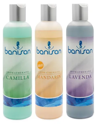 Produktbild von Banisan 3er Badezusätze Lavenda, Camilla, Mandarin, Aromatherapie 3x 250 ml, ergiebig, nicht schäumende Rezeptur für Whirlpools