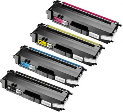 Four toner cartridges are arranged diagonally on a white background.