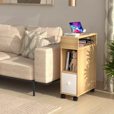 Zdjęcie produktu dla Mobilny stolik pomocniczy - 77x50x25 cm - z szufladami - mała szafka nocna - kolor drewna