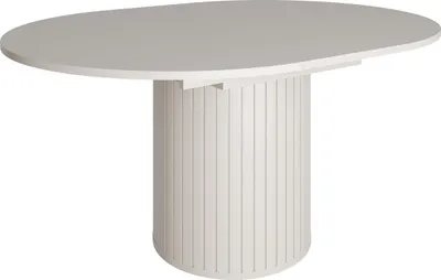A white oval dining table with a fluted pedestal base, isolated on a white background.