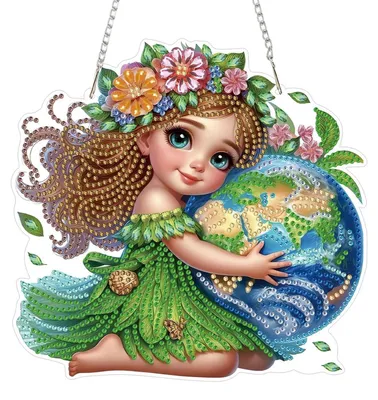 Immagine prodotto di Kit per decorazione con diamanti, ornamento da appendere, ciondolo a forma di bambina, tema "Terra", quadro per finestra 5D, decorazione bilaterale con catena, dimensioni 19,8 x 19,1 cm, colori: verde, marrone, blu