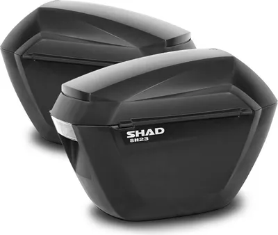 Two black motorcycle saddlebags are shown against a white background.
