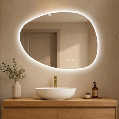 Imagen del producto de Espejo de baño iluminado S'AFIELINA, 75x55 cm, con tecnología LED, interruptor táctil, espejo de pared con 3 colores de luz y función de atenuación, antiniebla y memoria