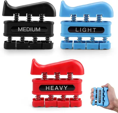 Obrázok produktu pre Grip Trainer pre silu rúk, 3-v-1 cvičenia prstov, nastaviteľný odpor, modrá, čierna, červená