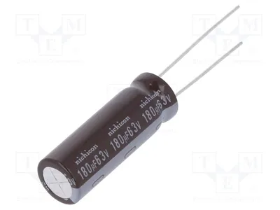 Image de 1 x Condensateur : électrolytique, 180 µF, traversant, faible impédance, 63 VDC, UPM1J181MPD