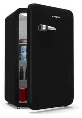 Produktbild von Klarstein Audrey Evo 90L Retro Mini Kühlschrank - Leise 40 dB, Kompakter Kühlschrank Klein mit Verstellbaren Füßen, Wendetür, Mechanischem Thermostat, Schwarz