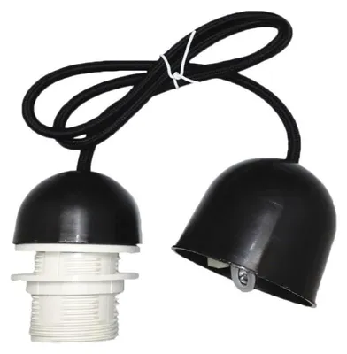 Produktbild von Lampenfassungs-Set mit Kabel und Rose, inklusive E27-Gewinde, 1 Meter lang und in elegantem Schwarz erhältlich. Perfekt, um jeden modernen Raum stilvoll zu beleuchten.