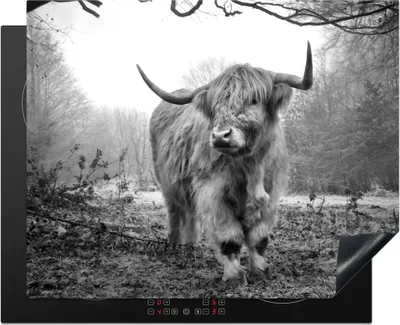 Produktbild von KitchenYeah© Herdabdeckplatte Schottischer Highlander - Wald - Nebel - Kuh - Tiere - Natur , 65x52cm, Küche Deko, Glaskeramikkochfeld Herdabdeckung, Abdeckplatte fùr Kochfeld
