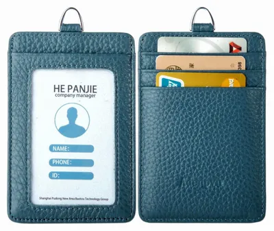 Image de Étui à carte d'identité en cuir, avec lanière (7,6 x 11,4 cm), fenêtre transparente et 3 compartiments à cartes (des deux côtés)