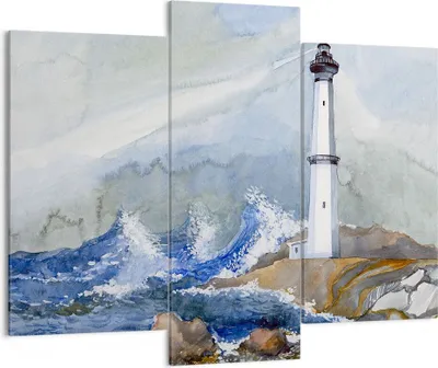Produktbild von Bild auf Leinwand - Leinwandbild - Leuchtturm Wasser Illustration Welle - 130x100cm - Wand Bild - Wanddeko - Leinwanddruck - Bilder - Kunstdruck - Leinwand bilder - Wandkunst - CB130x100-2997
