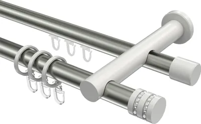 Produktbild von Interdeco Rundrohr-Innenlaufstange / Gardinenstange (Kombination) Edelstahl-Optik / Weiß, Typ Platon Estana (Glitzerkappe), 20 mm Ø 2-läufig, 140 cm