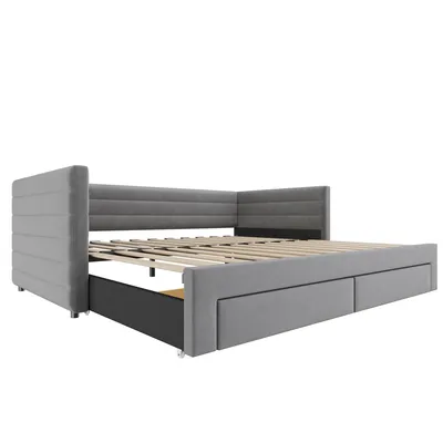 Produktbild von Flieks Schlafsofa Polsterbett 90x190cm mit Ausziehbett, Tagesbett Daybett mit 2 Schubladen, Sofabett Einzelbett mit Lattenrost, Veloursstoff, Grau