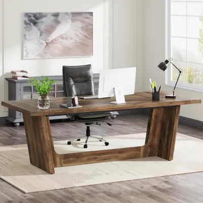 Image de Bureau informatique, dimensions 180 x 79 x 75 cm, bois de couleur marron rustique