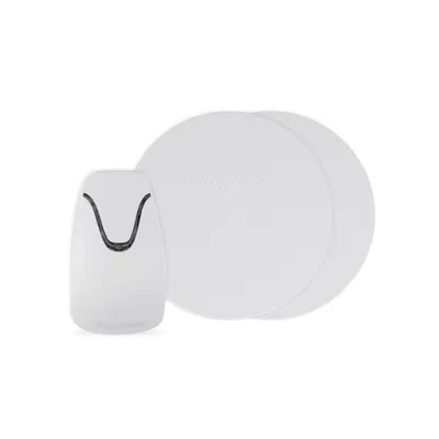 A white baby monitor sensor pad and receiver unit are shown on a white background.