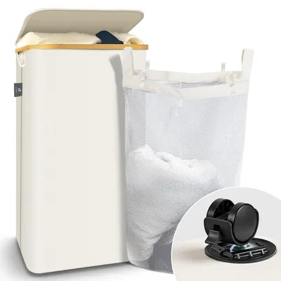 Produktbild von VOUNOT® Wäschekorb mit Deckel & Wäschesäcke Faltbarer Wäschesammler, 100L Beige