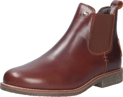 A single brown leather boot is shown against a white background.