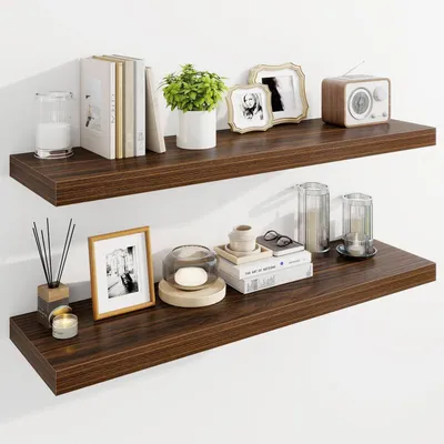 Image de Étagères murales flottantes en bois, en noyer, de 101,6 cm, lot de 2, style rustique, avec supports invisibles