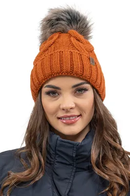 Zdjęcie produktu dla Vivisence czapka z dzianiny damska - czapka z bobble dla kobiet nakrycie głowy na zimę jesień - czapka z bobble ciepła czapka zimowa z dzianiny - pomarańczowa
