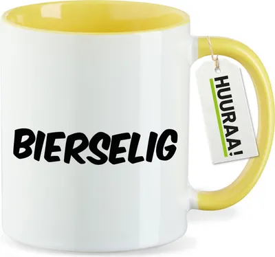 Produktbild von Huuraa Kaffeetasse Bierselig Schriftzug 330ml Gelb Keramik Kaffeebecher Geschenkidee