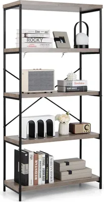 Produktbild von Aufbewahrungsregal mit 5 Ebenen, Bücherregal, Metallrahmen mit Kippschutz & Fusspolster, industrielles Ausstellungsregal für Wohnzimmer, Büro, Küche (grau)