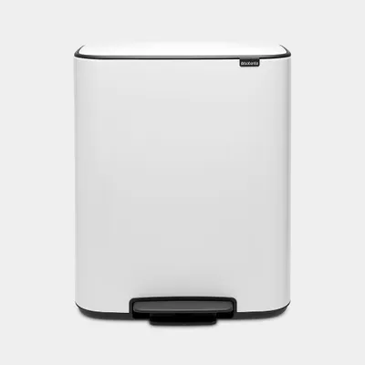A white Brabantia Bo pedal bin with a black pedal is shown against a plain white background.