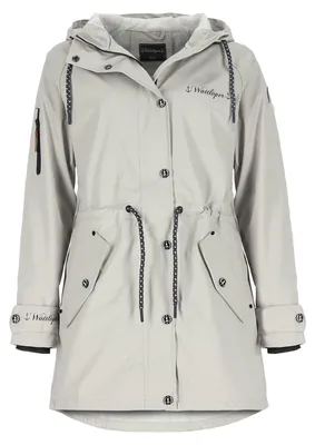 Produktbild von Wattlöper Damen Regenparka mit Kapuze und Taillenzug - Beschichteter Regenmantel in Hellgrau Größe L