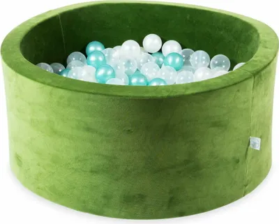 Produktbild von Bällebad 90x40 Samtig weich Olive – Mit 300 Bällen / transparent, perlmutt, metallic türkis