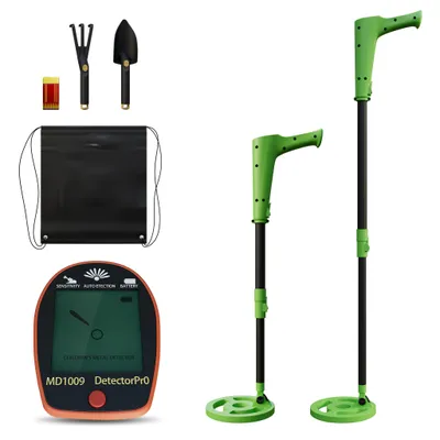 Produktbild von JOIEYOU Kinder Metalldetektoren Outdoor Metall Detektor Set inkl. Plastikschaufel, Grabkralle & Tragtasche Profi Garten Metallsuchgerät mit LCD-Display, Wasserdicht Suchspule & Lang Handgriff (Grün)
