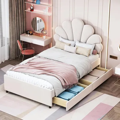 Image de Lit plateforme 90x200 cm, avec tiroirs, avec des espaces de rangement, avec une tête de lit rembourrée, avec sommier à lattes, couleur beige