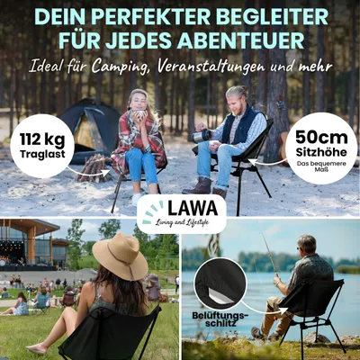 Produktbild von Lawa Campingstuhl Aluminium faltbar ultraleicht 50 cm Sitzhöhe kleines Packmaß 1,3 kg 112 kg Traglast Schwarz inkl. Tragetasche