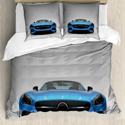 Produktbild von ABAKUHAUS Teen Zimmer Bettbezug Set, Modernes blaues Sport-Auto-Energie-Prestige-Geschwindigkeits-schnelles Fahrzeug-Automobil-Bild, 155 x 220 cm + 80 x 80 cm, Blau Schwarz Grau