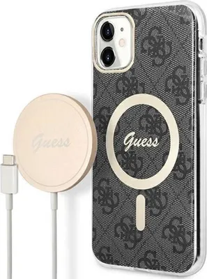 Produktbild von Guess Gubpn61H4Eacsk Hülle + Ladegerät Set Iphone 11 6.1 Schwarz/Schwarz Hartschale 4G Print Magsafe