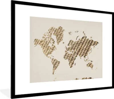 Produktbild von MuchoWow® Gerahmtes Poster Weltkarte - Seil - Beige 80x60 cm - Poster mit Schwarzem Bilderrahmen Wandposter Rahmen Foto Bilder - Schlafzimmer-Dekorationen - Fotoposter