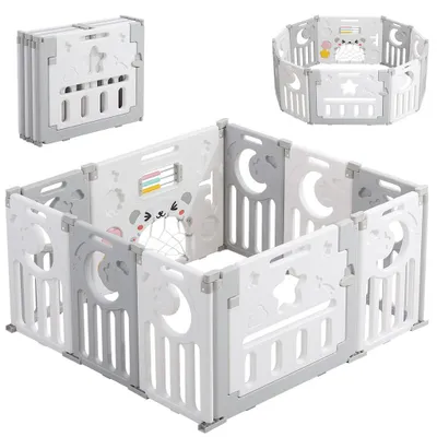 Produktbild von Dripex Laufgitter Laufstall Baby Absperrgitter 8+2 Paneele Schutzgitter Krabbelgitter für Kinder aus Kunststoff mit Tür und Spielzeugboard, Grau-Weiß
