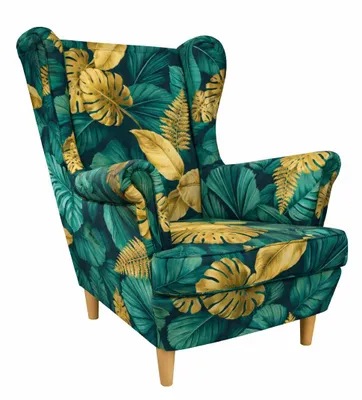 Productafbeelding van ANMIL Fauteuil, orenfauteuil in groen-goud, 80 x 103 x 88 cm. Modern relaxfauteuil met een bladmotief en houten poten
