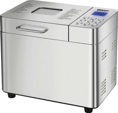 Der Unold Backmeister® Edel ist ein Brotbackautomat aus Edelstahl mit Digitalanzeige, Bedientasten,