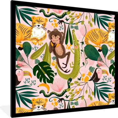 Produktbild von MuchoWow® MuchoWow® Gerahmtes Poster Dschungel - Tiere - Rosa 40x40 cm - Poster mit zchwarzem Bilderrahmen - Mit Rahmen - Wanddekoration Schlafzimmer