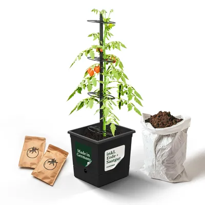 Produktbild von Nachhaltiger Tomatentopf Tomaten Anzuchtset Saatgut & Erde - Rankhilfe