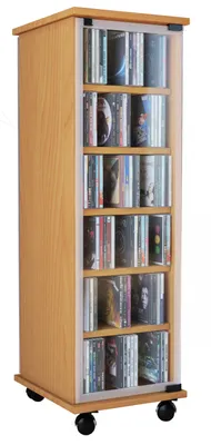 A tall, narrow wooden cabinet filled with CDs, standing on small black wheels.