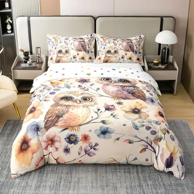 Baumwoll-Bettwäsche-Set Eulen-Motiv, 135x200 cm + 80x80 cm