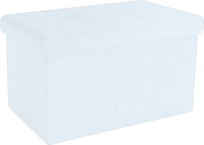 A white storage ottoman is shown against a white background.