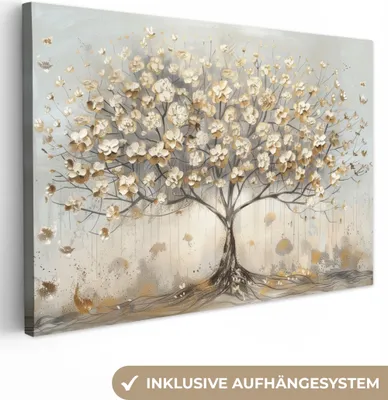 Produktbild von Leinwand Bilder 120x80 cm - Lebensbaum - Beige - Gold - Gemaltes Aussehen - Grau, Bilder, Wanddeko Wohnzimmer