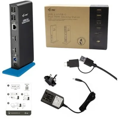 Produktbild von i-tec USB 3.0/USB-C Dual HDMI Docking Station, Kabelgebunden, USB 3.2 Gen 1 (3.1 Gen 1) Type-A, 3,5 mm, 10,100,1000 Mbit/s, Schwarz, UK