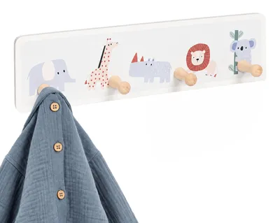 Productafbeelding van Relaxdays kinderkledingrek, 4 haken, design B, voor wandmontage, MDF, hout, geschikt voor kinderkamer of hal, garderobestang, grijs/naturel
