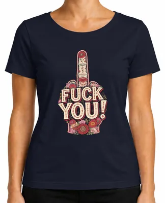 Productafbeelding van "FUCK YOU" T-shirt met bloemenprint, met middelvinger, voor dames, marineblauw, maat XL