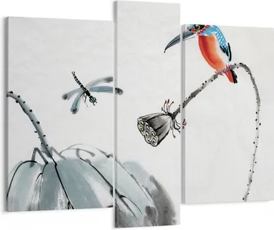 Produktbild von Bild auf Leinwand - Leinwandbild - 3 Teile - Libelle Vogel Blume - 95x80cm - Wand Bild - Wanddeko - Wandbilder - Leinwanddruck - Bilder - Wanddekoration - Leinwand bilder - Wandbild - CB95x80-4361